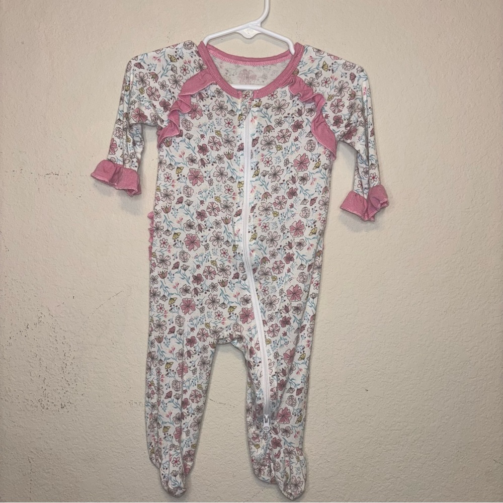 Milkberry bamboo Pink Floral Ruffle Footed Pajamas for Girls - Zip Front